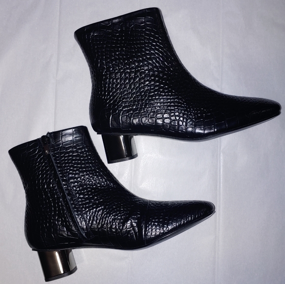 CLERGERIE Croc Leather Ankle Boots Metal Block Mid heel Black Booties Size 6.5 - Picture 9 of 16